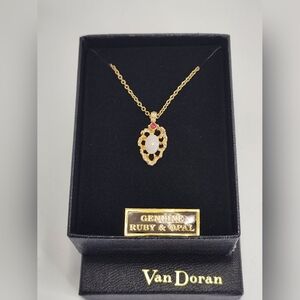 Vintage Van Doran Genuine Ruby and Opal Pendant Necklace 18in chain